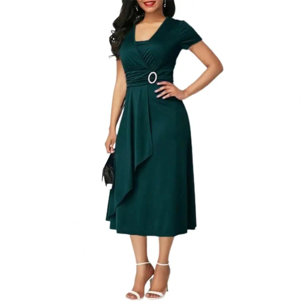 Ladies Cocktail Party Dress Casual V-Neck Short Sleeved Lace up Waist Dress Ladies Asymmetric Wide Hem Dress Evening Party Dress